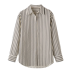 Classic black and white vertical striped long sleeve button-up shirt with a curved hem