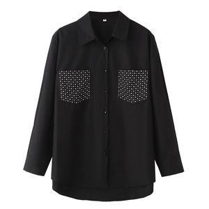 Women Y2K Street Style Loose Poplin Shirt Rivet Pocket Long Sleeve Button Up Lapel Casual Solid Color Blouse Top