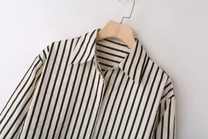Detail of classic vertical black and white striped poplin shirt with white buttons