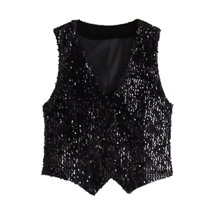 Detailed close-up of a black sequined V-neck vest with high-density shimmering surface