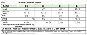 Size chart showing garment measurements for the sequin short cardigan jacket in CM