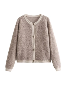 Y2K style light brown knit cardigan for women with textured wool fabric and metal buttons
