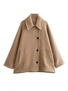 Women Casual Polyester Wool Look Short Coat Lapel Single Breasted Oversized Camel Jacket Autumn Winter Streetwear Outerwear