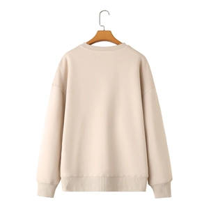 Minimalist beige crew neck sweatshirt with drop shoulder design and ribbed cuffs