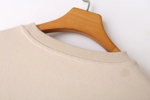 Close-up of ribbed crewneck neckline on light beige long sleeve sweatshirt