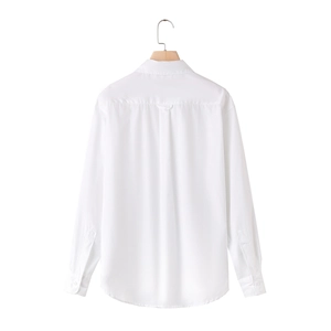 Back view of a white long-sleeve Y2K style shirt with pleated detail and curved hemline