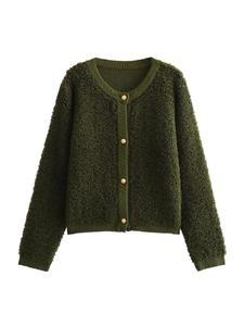 Women Elegant Knit Cardigan Boucle Texture Long Sleeve Round Neck Gold Button Outerwear Slim Fit Streetwear Top