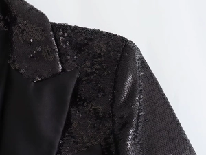 Detailed close-up of Y2K sequin blazer with peak lapels and shimmering black texture