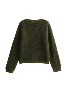 Slim fit dark green knit cardigan with textured loop yarn and ribbed cuffs back view