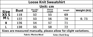 Size guide table for loose Y2K knitted sweatshirt in sheep cashmere with measurements