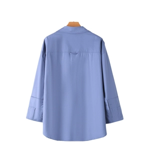 Women's blue striped poplin shirt with long sleeves and pleated cuffs back view