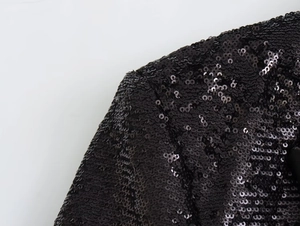 Detailed macro view of high-quality black sequins and fine stitching on Y2K cardigan jacket
