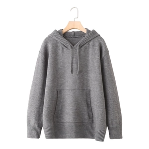 Grey knit drawstring hoodie with front kangaroo pocket and ribbed cuffs in a relaxed fit