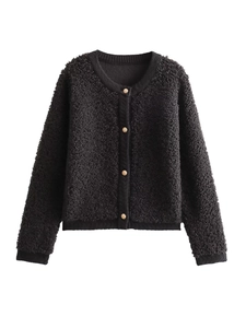 Women's black boucle knit cardigan with round neck and decorative gold buttons