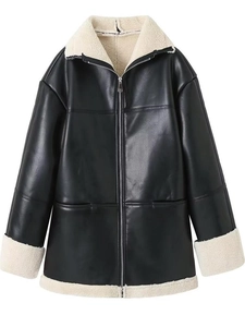 Giacca da Donna Y2K in Pelle PU Montone Calda Foderata in Sherpa Cappotto Biker Oversize Con Tasche a Cerniera