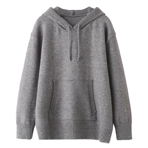 Women Vintage Oversized Knit Hoodie Solid Grey Sheep Cashmere Pullover Loose Long Sleeve Drawstring Sweatshirt With Pocket