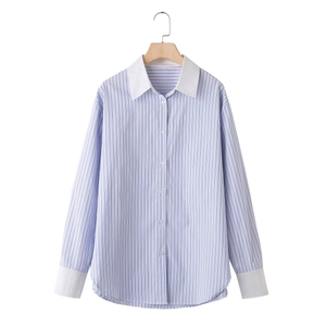 Chemise à Rayures Contrastées Y2K pour Femmes Manches Longues Blouse Ample Décontractée Avec Col et Poignets Blancs