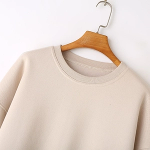 Chic beige Y2K crewneck sweatshirt with minimalist long sleeves and ribbed collar detail