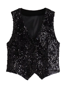 Vintage Black Sequin Vest For Women Sexy V Neck Sleeveless Cropped Waistcoat Slim Fit Party Clubwear Shiny Sequin Top