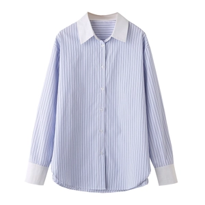 Chemise Y2K rayée bleue et blanche pour femme avec col et poignets contrastés
