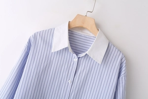 Détail de la chemise rayée bleue et blanche avec un col blanc contrasté et des boutons