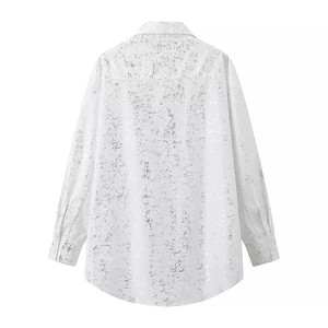 Rear view of white long sleeve shirt with silver foil crackle print and drop shoulders