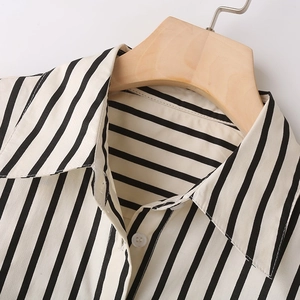 Women's classic black and white vertical striped poplin shirt with a turn-down collar