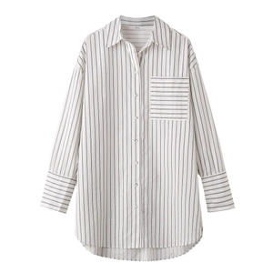 Women's Y2K style loose black and white striped long sleeve shirt with pocket