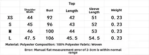 Size chart for Y2K sequin top including bust, length and 100% polyester fabric info
