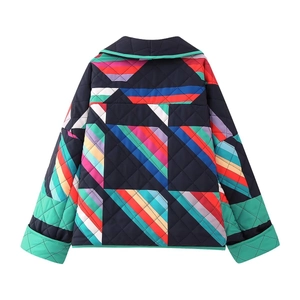 Rear view of Y2K quilted jacket featuring vibrant geometric patchwork and diamond stitching