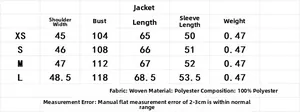 Size chart for leopard print jacket with chest, shoulder, and length measurements