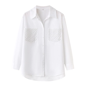 Detail view of the white poplin shirt with metallic studs on double chest pockets
