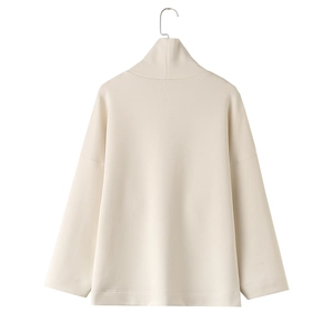 Women's minimalist off-white oversized ribbed sweatshirt with high-neck stand collar