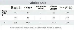 Size chart table for women Y2K knit sweater showing S M L dimensions and weight details