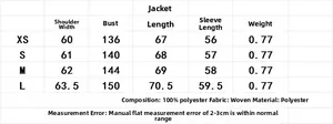 Size chart table for the Y2K loose lapel jacket with detailed measurements and materials