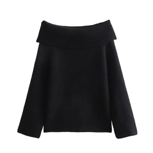 Slim fit black off-shoulder long sleeve ribbed knit sweater for a minimalist aesthetic