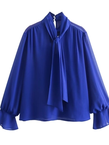 Women Royal Blue Chiffon Blouse Long Sleeve Bow Tie Neck Shirt Ruffle Cuffs Casual Chic Office Top Elegant Ladies Blouse
