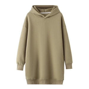 Khaki Y2K oversized cotton hoodie dress with ribbed cuffs and drop shoulder design
