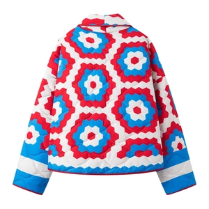 Back view of a Y2K quilted jacket with colorful floral geometric patterns and V-neckline