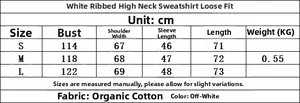 Size chart for white ribbed high neck sweatshirt showing chest, shoulder and length measurements