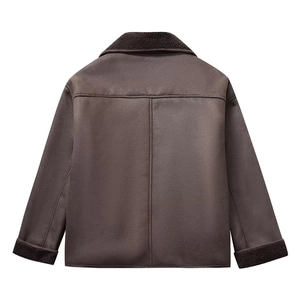 Brown faux suede jacket with shearling collar and cuffs shown from the back view