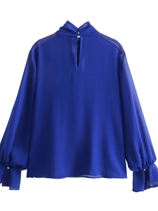 Elegant royal blue chiffon blouse with high neck and ruffled cuffs for women