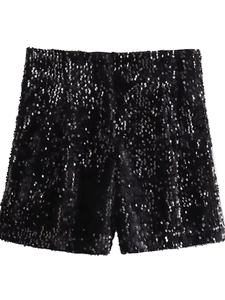 Pantaloncini neri con paillettes a vita alta Y2K da donna, scintillanti per le feste