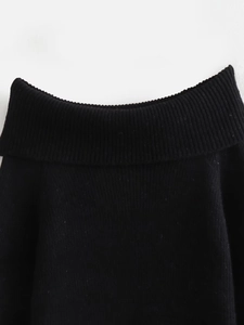 Detail shot of black off-the-shoulder knit sweater showing vertical ribbed texture