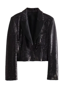French Y2K Black Sequined Cropped Blazer Jacket Women Satin Peak Lapel Long Sleeve Sparkly Party Evening Suit Coat