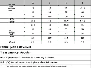 Size chart table for Y2K faux fur aviator jacket showing XS to L measurements in CM
