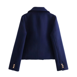 Navy blue short wool coat with back view detail and gold buttons on cuffs