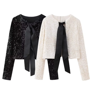 Women's Y2K Sequin Crop Top Long Sleeve Blouse With Large Black Satin Bow Elegant Slim Fit Party Clubwear Shirt