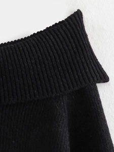Close-up detail of high-quality black rib-knit texture on a women's slim sweater
