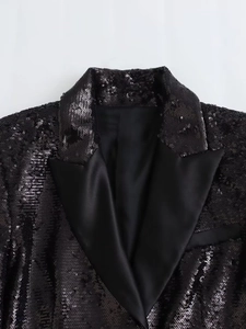 French Y2K sequined black cropped blazer with satin lapels and sparkling finish